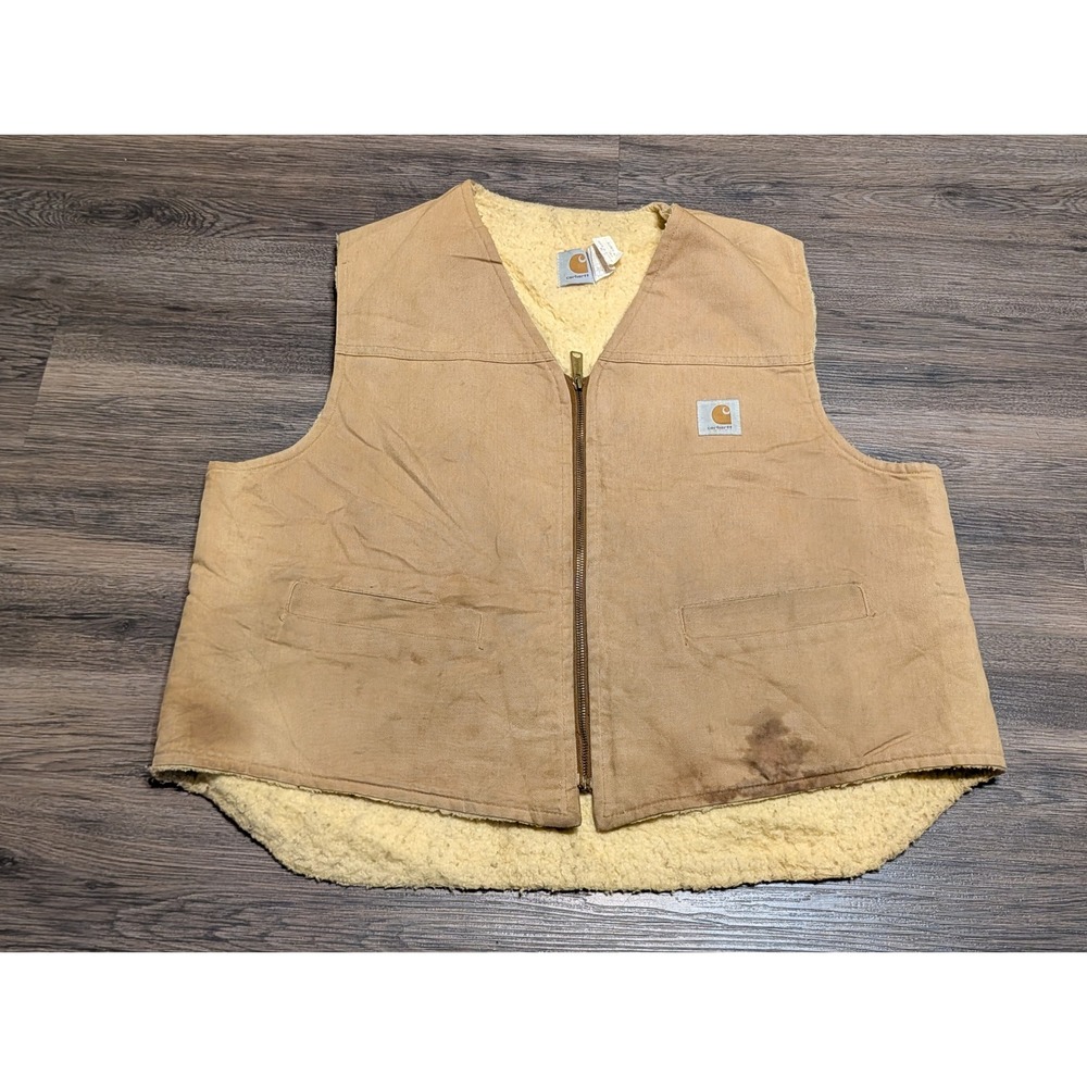 Vintage Carhartt Sherpa Lined Duck Canvas Work Vest Brown 2XL USA Made